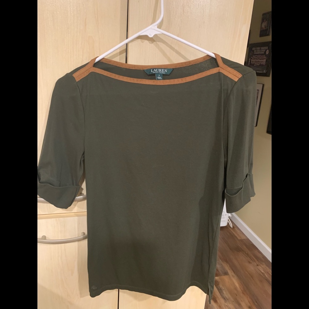 RALPH LAUREN half sleeve top with faux suede trim